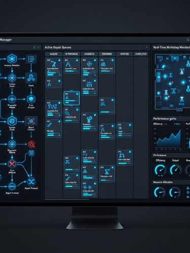 Straight-on clean dark-mode desktop interface of an AI workshop manager dashboard, showing diagnostic flowcharts and active repair queues with electric blue status indicators, crisp studio render