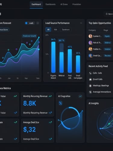 Captura de pantalla de la interfaz de usuario de Sales CRM AI en modo oscuro, mostrando un panel de control con gráficos de predicción de leads y métricas clave, con acentos en azul eléctrico.