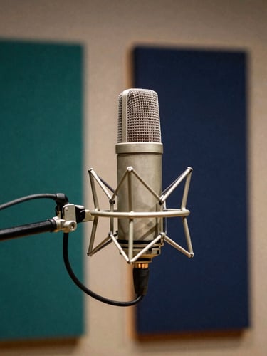 A professional recording studio in Tripoli, high-quality broadcasting microphones, warm ambient lighting with deep green and navy blue acoustic panels in the background, sharp focus, editorial style
