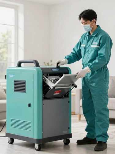 A professional technician in clean branded protective gear operating advanced structural drying equipment in a bright residential space, slate and teal tones