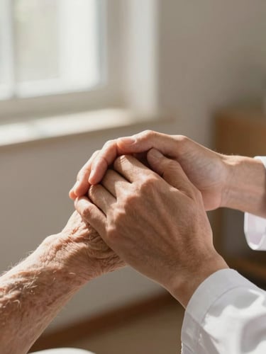 Close-up of hands of a doctor holding an older patient's hand with deep respect, warm sunlit clinical setting, soft natural window light, shallow depth of field, 35mm