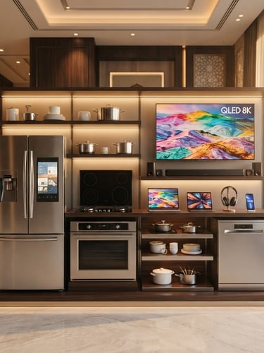 Straight-on clean studio shot of high-end home appliances and electronics on display in a luxury Baghdad showroom, warm golden dawn lighting, sharp focus