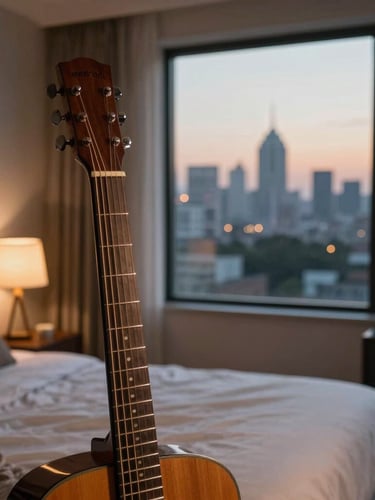 Candid shot of a bedroom studio setup with guitar neck in foreground, warm lamp light, and a window showing New Delhi skyline at dusk.