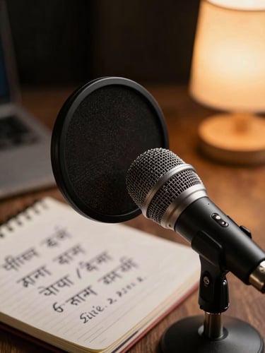 Low-light close-up of a microphone with a pop filter, a notebook with handwritten Hindi scribbles, and a warm lamp glow in the background.
