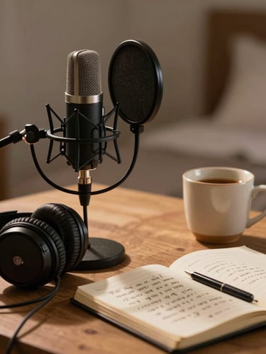 A close-up, low-light shot of a cozy bedroom recording setup in New Delhi. A microphone with a black pop filter stands in front of a tangled pile of headphone wires, a half-empty ceramic tea mug, and an open notebook with handwritten lyrics in Hindi script. Soft warm lamp light casting long shadows.