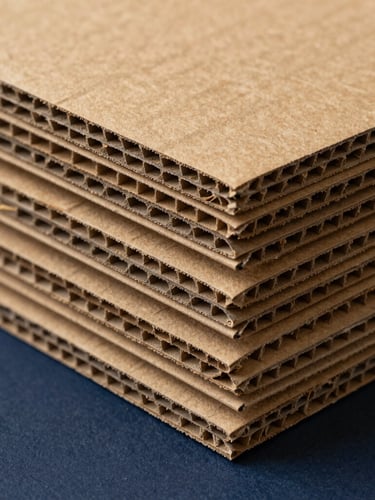 Macro photograph of heavy-duty 5-ply corrugated cardboard fluting, warm kraft paper texture, dramatic side lighting, sharp focus on paper layers