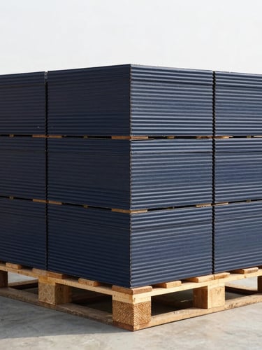 Wide-angle clean industrial shot of stacked corrugated boxes on pallets inside the Surat facility, natural light, realistic shadows