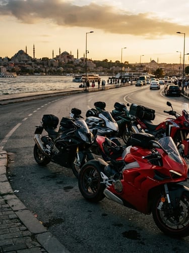 Dynamic low-angle shot of multiple sport and touring motorcycles lined up on an Istanbul coastal road at golden hour, deep metallic reflections, dramatic 35mm film style.