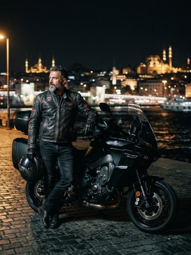 Moody 35mm film portrait of a motorcycle rider in a black leather jacket standing next to a sport touring bike, Istanbul city lights blurred in the background, nighttime.