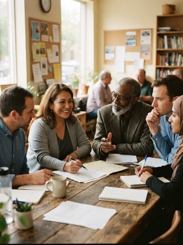 A warm, documentary-style environmental portrait of local community leaders collaborating around a wooden table in a sunlit room, soft natural daylight, 35mm lens.
