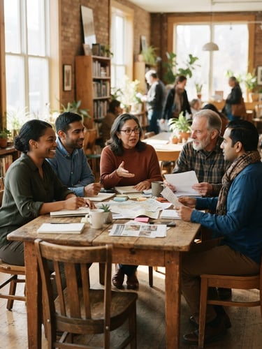 Documentary-style wide shot of community leaders collaborating around a wooden table in a sunlit room, natural daylight, warm editorial tone.