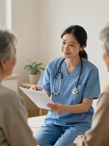 A local health worker in soft natural daylight, wearing scrubs, smiling gently while explaining a chart to an elderly patient in a warm community clinic setting.