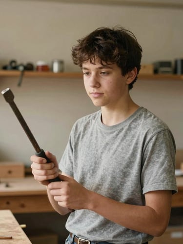 Medium environmental portrait of a student in a warm wood-filled vocational workshop, holding a hand tool, soft natural side lighting, authentic documentary style