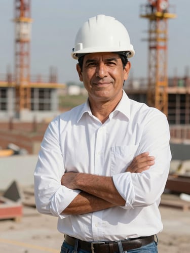 Retrato editorial profesional del Ing. Barboza con casco de ingeniería blanco, fondo de obra en construcción difuminada, luz natural brillante de Lambayeque, plano medio.