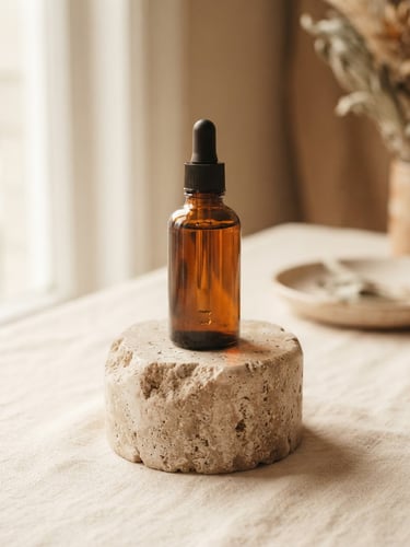 Minimalist premium amber bottle of hair serum on a textured stone block, soft diffused daylight with gentle shadows, warm cream tones.