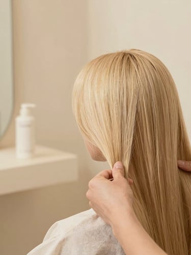 Close-up of a stylist's hands gently working on healthy, glowing hair in a warm cream-toned salon, soft natural light, minimalist aesthetic