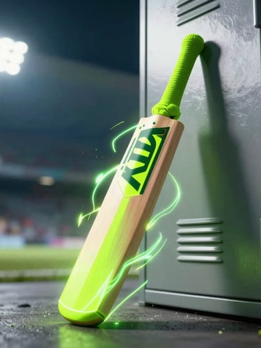 Dynamic 3D render of a glowing neon-green cricket bat with electric motion trails, resting against a high-tech metallic locker, dramatic stadium night lighting, high-contrast backlighting, octane render