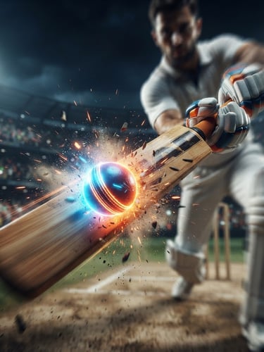 Close-up of a cricket bat making explosive contact with a neon-glowing cricket ball, motion blur, dramatic stadium night lighting, low-angle heroic shot, octane render.
