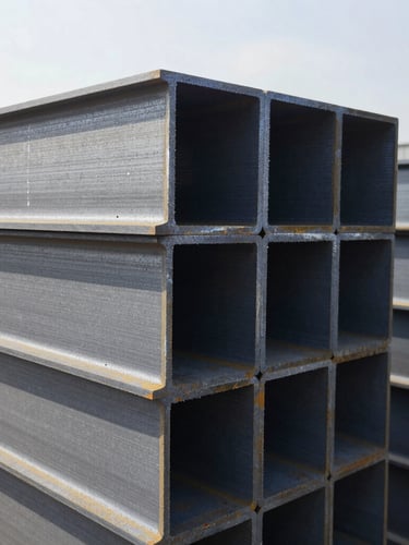 Close-up of industrial steel beams stacked in warehouse, cold natural daylight, high contrast steel texture, 35mm lens