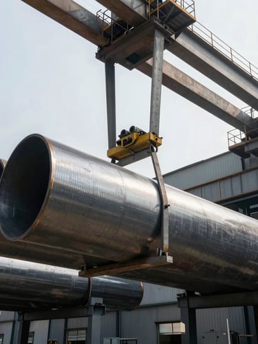Industrial photography, overhead view of a massive steel warehouse, overhead crane lifting heavy steel pipes, cold daylight, high contrast, sharp details