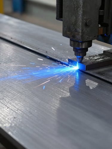 Industrial steel cutting machine with cool blue sparks, close-up of clean cut edge on a massive steel plate, industrial photography, high contrast
