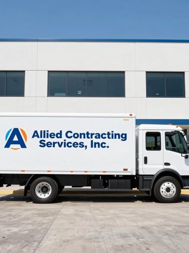 Clean, branded Allied Contracting Services, Inc. work truck parked in front of a modern, well-maintained office building, bright natural daylight, high contrast, straight-on architectural angle.