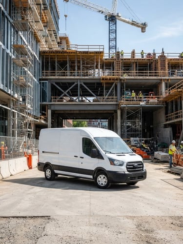 Clean branded company vehicle parked precisely in front of an active, organized construction site, bright natural daylight, high-contrast shadows, architectural framing.