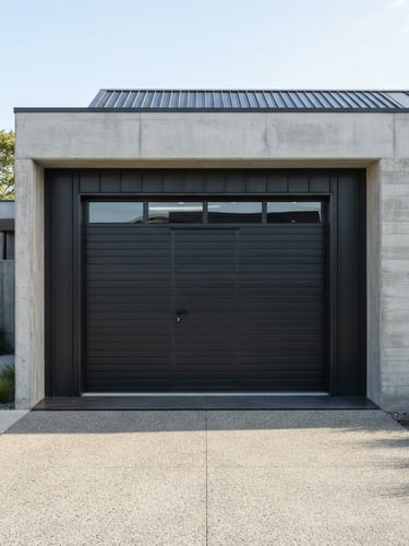 Straight-on architectural shot of a modern dark-steel garage door installed on a contemporary concrete home, bright natural daylight, sharp focus, 35mm lens