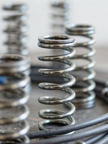 Tight macro shot of heavy-duty steel torsion springs and clean mechanical cables, crisp high-contrast garage interior lighting, sharp focus, 35mm lens