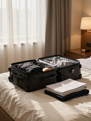 Environmental wide shot of a sunlit hotel room corner — a neatly arranged travel bag open on a cream linen bed, folded clothes beside a printed itinerary, soft north-facing daylight filtering through sheer curtains, warm amber tones, no people visible