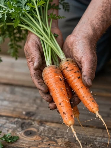 Close-up of a farmer's dirt-stained hands cradling freshly pulled heirloom carrots, soft natural north-facing daylight, rustic wooden background.
