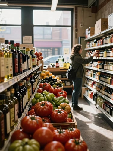 Wide environmental shot of a bustling specialty grocery market in Brooklyn, warm diffused daylight streaming through high windows, shelves stacked with artisanal olive oils and fresh heirloom tomatoes, a customer reaching for a jar in the background.