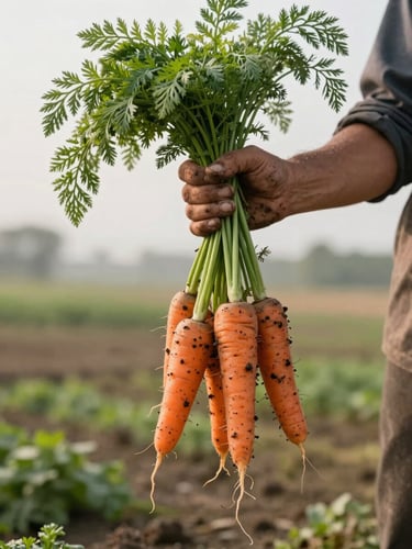 A farmer with soil-stained hands holding a bunch of freshly harvested heirloom carrots, soft diffused morning daylight, rustic farm field background.