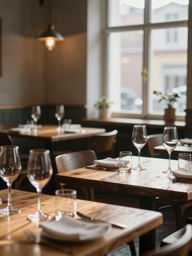 Cozy Scandinavian-style restaurant dining room, low warm natural light filtering through a window, rustic wooden tables, empty wine glasses catching diffused light.