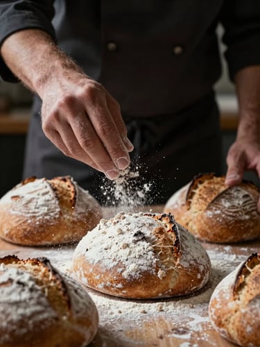 Extreme close-up of a chef's hands dusting flour onto fresh sourdough loaves, low-contrast natural morning light, rustic wooden surface.