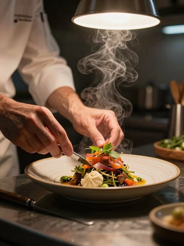 Close-up of a chef's hands plating a vibrant dish in a dimly lit, cozy Scandinavian-style kitchen, warm overhead light catching the steam, rustic ceramic plate.