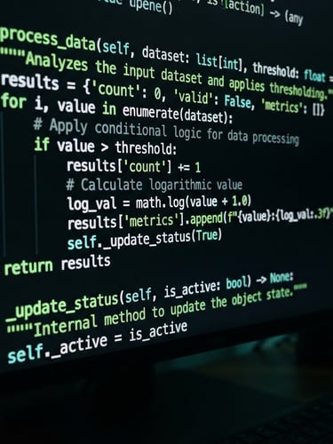 Tight macro shot of clean Python code on a dark screen, soft neon green syntax highlighting, shallow depth of field, moody tech ambient lighting.