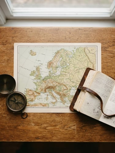 Overhead flat-lay of a physical map of Europe, a brass compass, and an open leather travel notebook on a warm wooden table, soft window light, 35mm photography