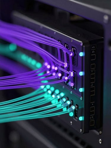 Macro close-up of server hardware with glowing purple and teal fiber optic paths, architectural lines of modern technology hubs, dark ambient shadows, high-contrast octane render, portrait aspect