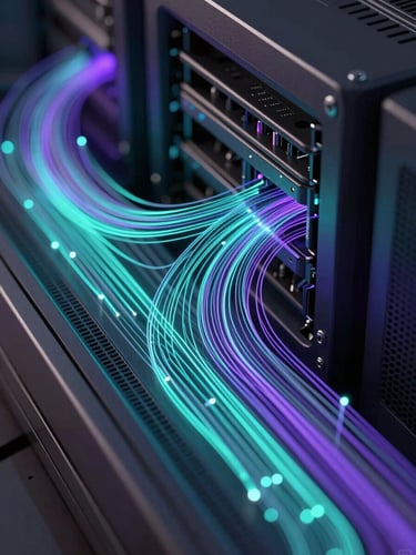 Sleek 3D render of abstract digital engineering data visualization, glowing teal and purple fiber-optic lines weaving through a dark metallic server chassis, macro close-up, high-contrast neon accents, dark ambient lighting, octane render