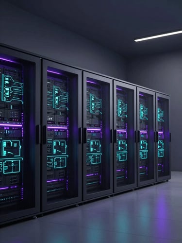 Clean architectural lines of a modern secure data center hub, low-key lighting with purple neon hints