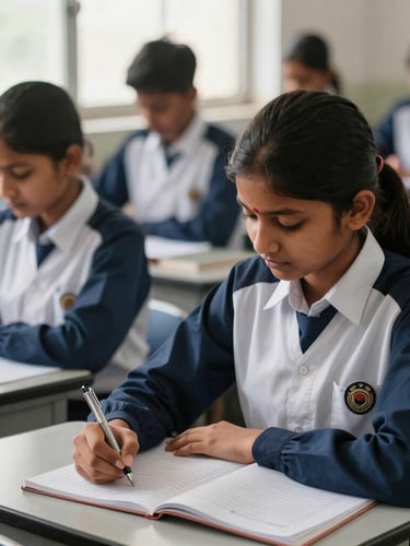 A disciplined classroom scene with Indian students in neat navy and white uniforms, focused on writing in their notebooks under bright natural window light.