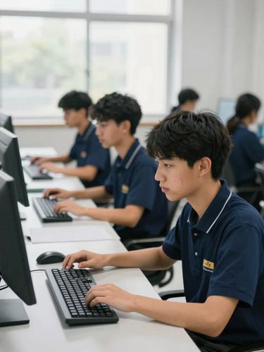 Students in clean navy blue uniforms working on modern desktop computers in a bright, spacious computer lab under natural window light.