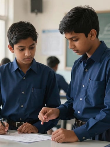 A medium shot of two Indian students in clean, well-pressed navy blue school uniforms discussing a science project in a bright, modern classroom under natural daylight.