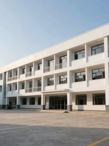 Wide architectural shot of the clean, modern three-story school building under bright morning sunlight, spacious campus courtyard in the foreground.