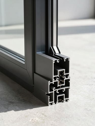 Extreme close-up of a sleek charcoal aluminum window profile, architectural daylight casting sharp shadows on a clean concrete floor, minimal aesthetic