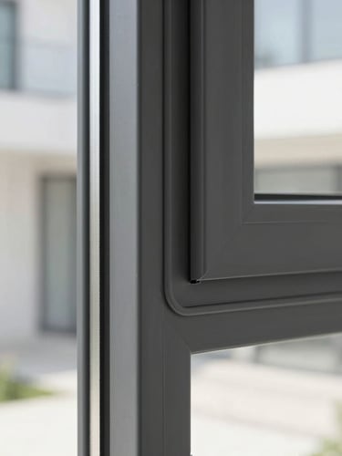 Extreme close-up of a sleek charcoal grey aluminum window frame corner joint, showcasing the flawless seamless finish and weather-stripping detail, bright natural daylight