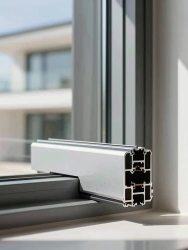 Extreme close-up of a sleek architectural aluminum window frame profile, natural light streaming through glass, sharp focus, 35mm lens