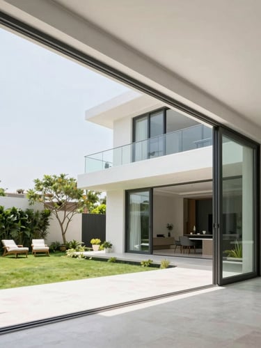 Wide-angle architectural photograph of a minimalist luxury villa in Hyderabad, floor-to-ceiling sliding doors opening to a lush garden, bright daylight