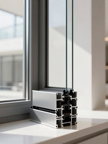 Close-up architectural shot of a sleek, ultra-slim aluminum window profile in a modern showroom, soft natural light reflecting off the silver and charcoal frame, minimalist design.